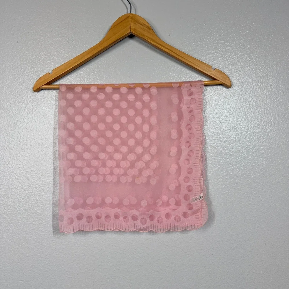 Polka Dot Sheer Scarf Women Pink Chiffon Scalloped Edge Vintage Japan